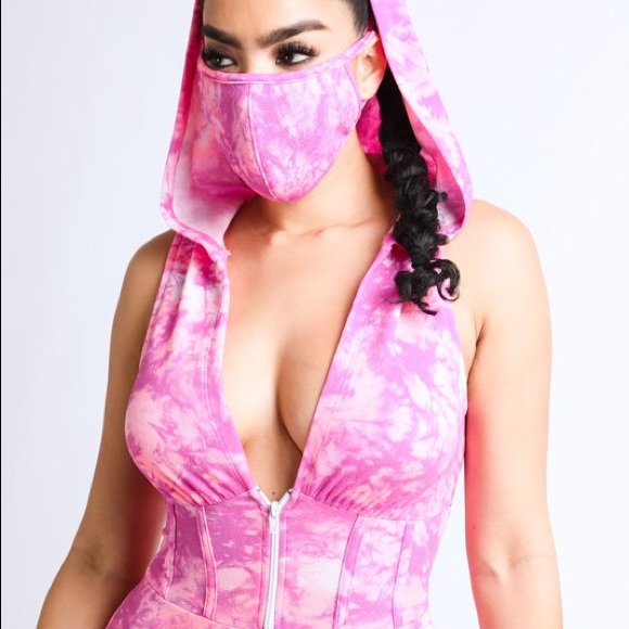 Pink- Hooded Tie Dye Romper / Mask Set - Picture 3 of 7